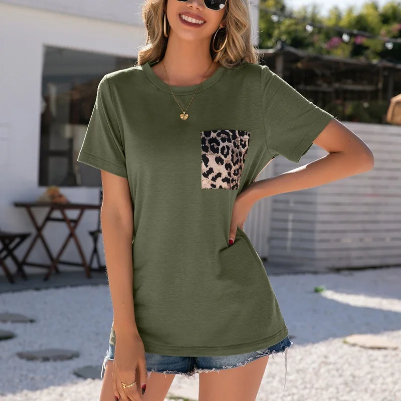 2022 Drabužiai Moterims Vasaros Leopard Susiuvimo Įgulos Kaklo Kišenėje Trumpas Rankovės Galvutė T-shirt Spausdinti Spalvų Atitikimo Viršūnių Grafinis Tee