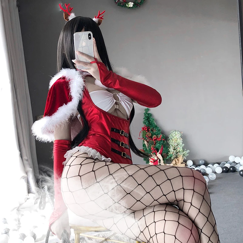 Anime Karšto Nustatyti Raudona Kalėdų Princesė Cosplay Kostiumai, Seksualus Bodysuit Su Skara Pirštinės Gyvūnų Atidaryti Krūtinės Apranga Pagunda Nuotrauka 0 