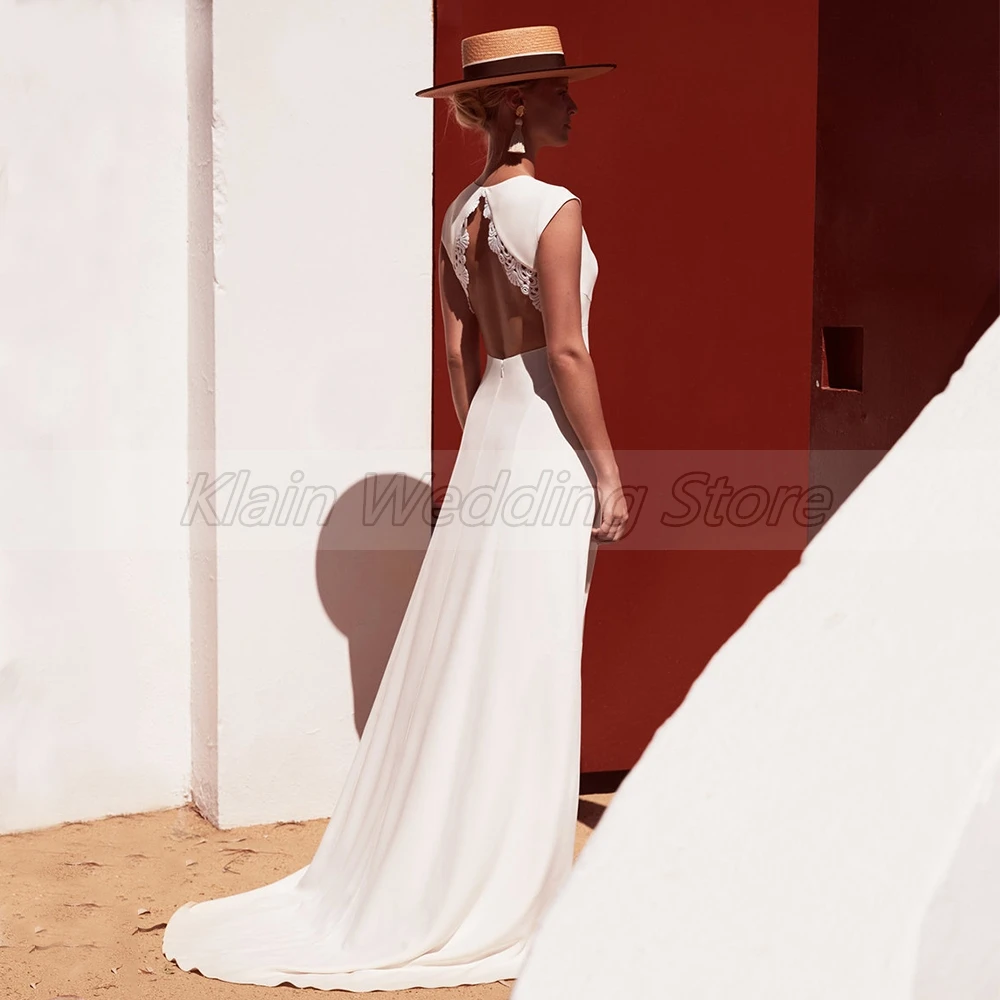 Boho-Line Jersey Valymo Traukinio Balto Dramblio Kaulo Rankovių Vestuvių Suknelė 2021 Aukštos Kokybės V-Kaklo, Nėriniai Backless Vestuvinės Suknelės