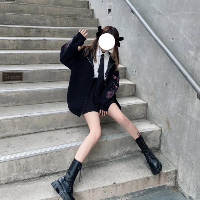 HOUZHOU Gotikos Harajuku Hoodies Punk Zip-iki Viršūnės Japonijos Prarasti Streetwear Gobtuvu Preppy Stiliaus ilgomis Rankovėmis Kailis Mados Komplektus Nuotrauka 0 
