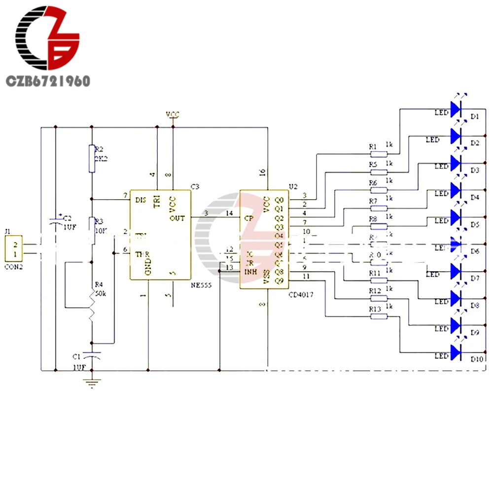 Integruotas NE555+CD4017 Šviesos Vanduo Teka Šviesos diodų (LED Modulis 