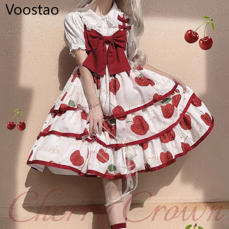 Japonijos Saldus Lolita Jsk Suknelė Moterims Mielas Vyšnių Karūna Spausdinti Rankovių Šalis Suknelės Mergaičių Harajuku Kawaii Princesė Pyragas Suknelė