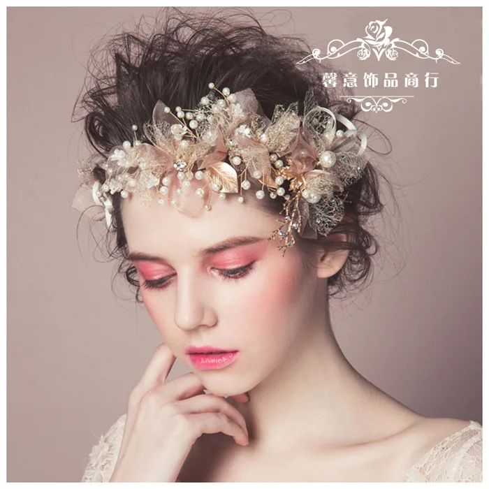 Korėjos šilko siūlai gėlių nuotakos šukuosena grožio nuotaka vestuvių plaukų aksesuarų, rožinė plaukų papuošalas