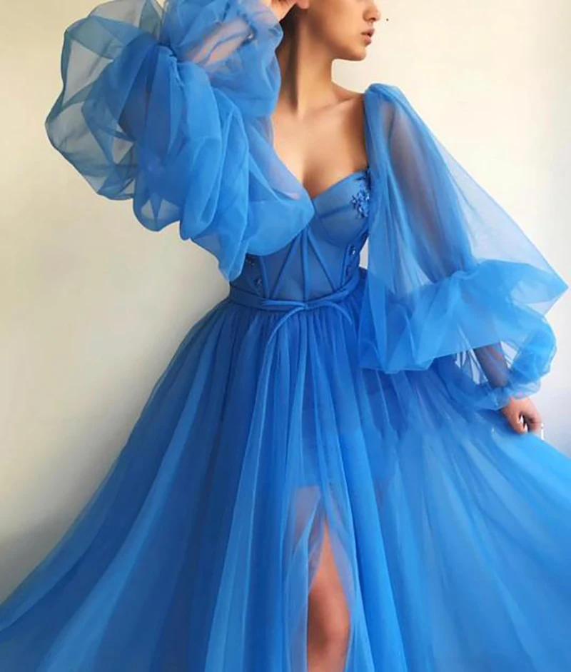 LORIE 2019 Mėlyną vakarinę Suknelę Sluoksniuotos Rankovėmis Chalatas De Soiree Pusės Split Oficialų Prom Dresses Pasinėrus Appliques Vakare Chalatai Naujas