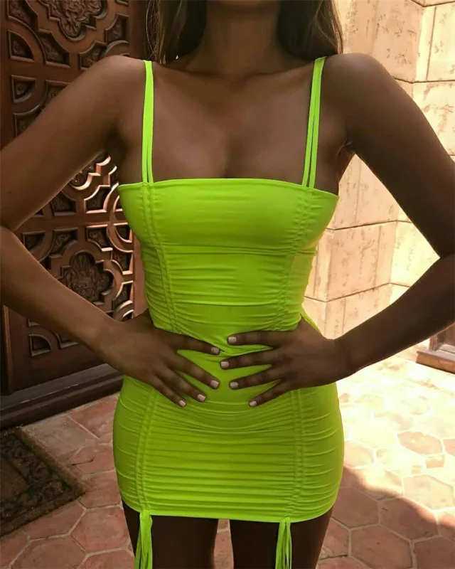Moterų Sexy Spageti Dirželis Bodycon Suknelė Moterų Klubo Dėvėti 2019 Naujas Mados Neoninė Žalia Suknelės Tvarstis Mini Suknelė