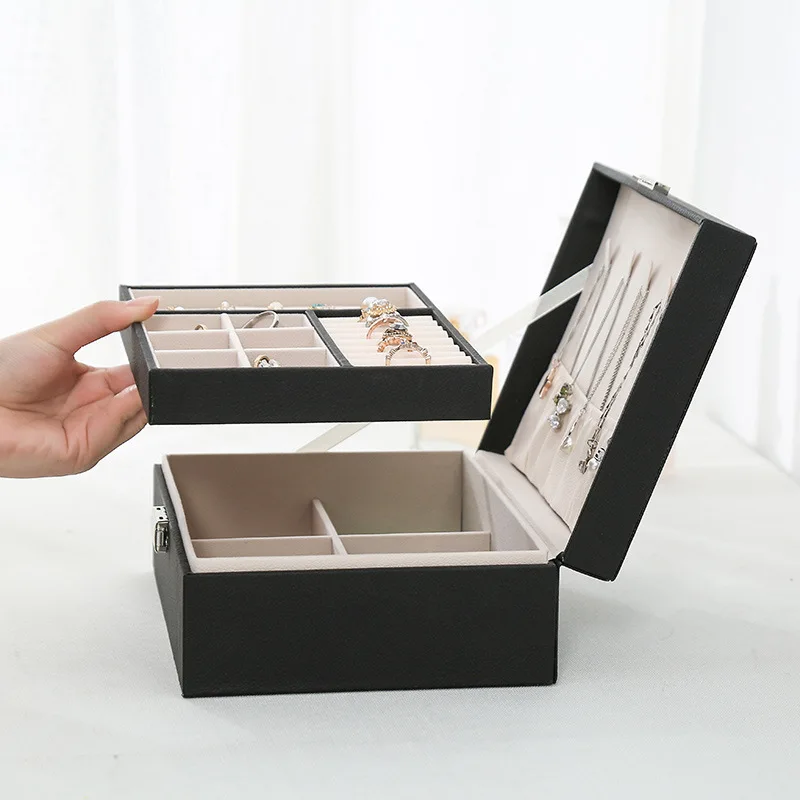 PU odos papuošalų dėžutė dvigubo sluoksnio mediniai juvelyrikos dėžutės Princesė papuošalų laikymo dėžutė kosmetikos dėžutę Nuotrauka 0 