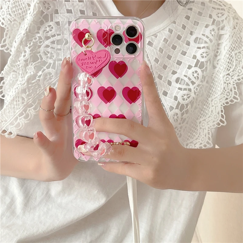 Rožinė Meilė Širdyje + Krištolo Apyrankė Pora Dovana Silikoninis Atveju Iphone 12 11 Pro Max Xs Xr 7 8plus 3D Mielas Lokys Ausis, Minkštas Viršelis