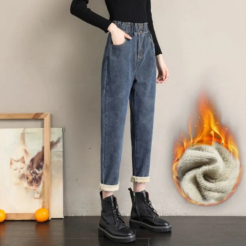 Rudenį, Žiemą Storas Vilnos Džinsinio Haremo Kelnės Moterims Streetwear Atsitiktinis Elastinga Aukštos Juosmens Baggy Jeans Korėjos Prarasti Tiesios Kelnės