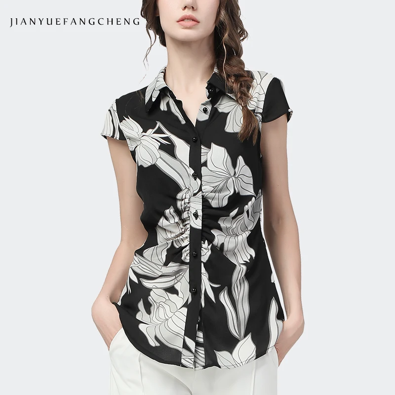 Senovinių Moterų Gėlėti Marškiniai, Elegantiškas Plonas Shirred Single-Breasted Viršuje 2021 M. Vasarą Naujų Trumpas Rankovės Turn-Žemyn Rankovėmis Palaidinės, Topai