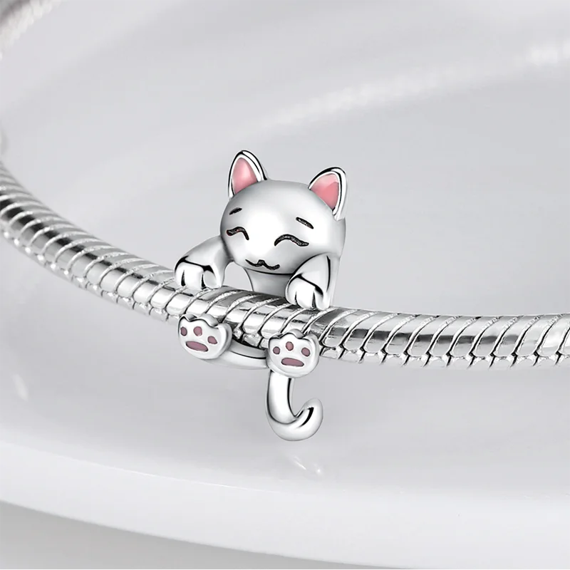 Sidabro spalvos pakabukai Tinka Originalus Pandora Apyrankė Mažų pieno katė forma, sidabro spalva, Pakabukas Žavesio Karoliukai Moterų Fine Jewelry