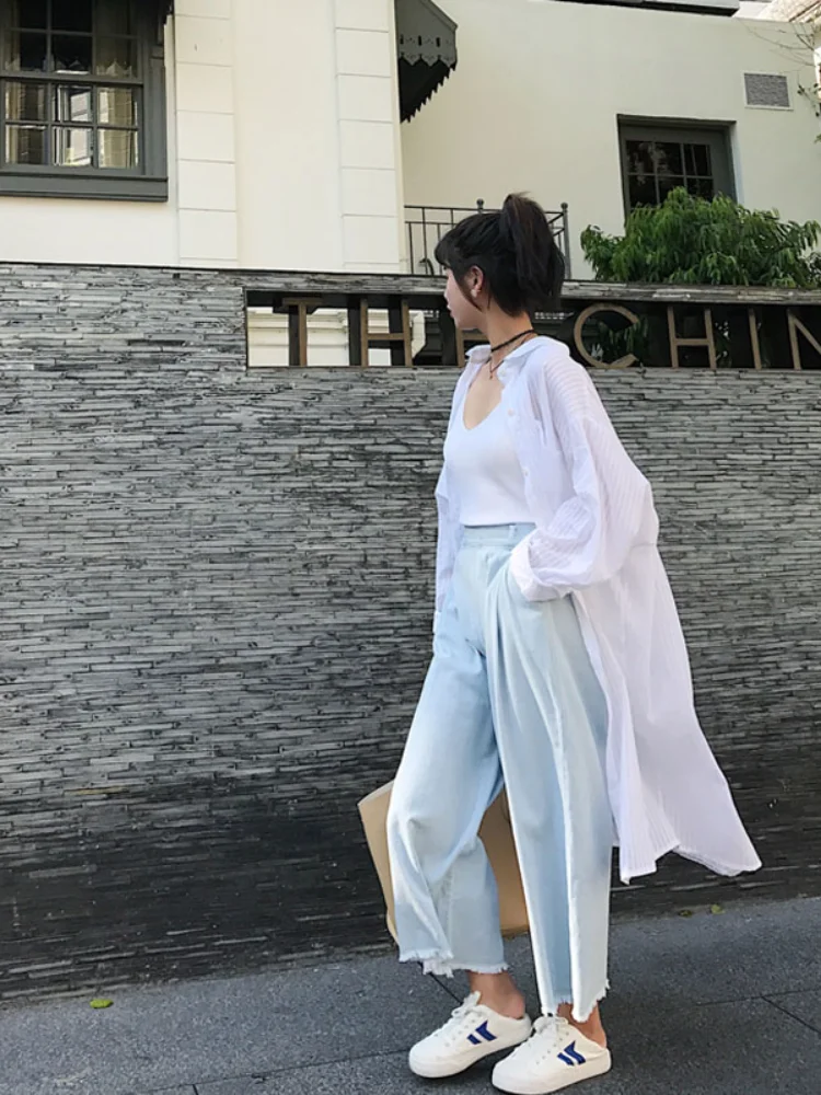 Sun-proof Ilgai Moterims Palaidinės ir Marškinėliai White Lady Prarasti Elegantiškas Paplūdimio Stiliaus Marškiniai Cardigan Outwear Kailis Viršūnės