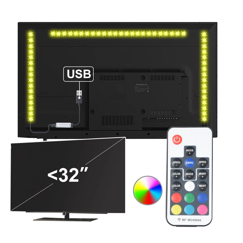 TELEVIZORIUS LED juostelių rinkinys su 3 RGB juosteles Televizoriai iki 32 colių