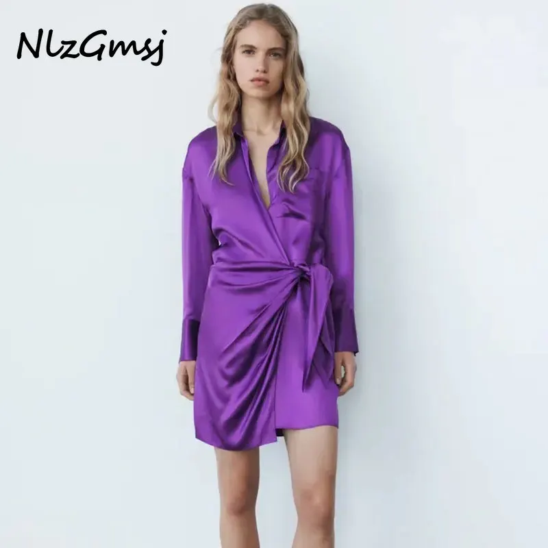 TRAF Za Moterų 2022 Elegantiškos Mados Plisuotas Įvyniojimas Mini Suknelė Vintage ilgomis Rankovėmis Mygtuką-iki Moterų Suknelės, Vestidos Mujer 202111