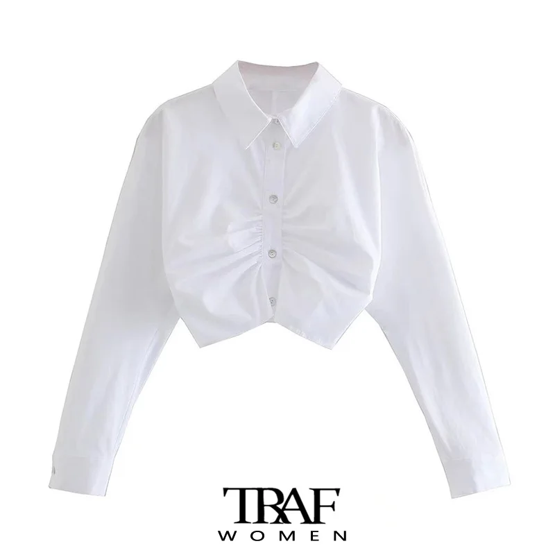 TRAF Za Moterų Elegantiškos Mados Plisuotos Apkarpytos Baltos Palaidinės Derliaus ilgomis Rankovėmis Mygtuką-iki Moterų Marškiniai Blusas Prašmatnus Viršūnės