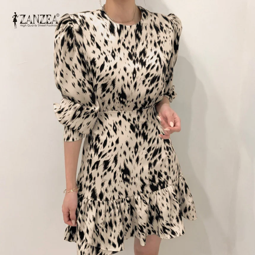 ZANZEA Stilingas Ilgio Sluoksniuotos Rankovėmis Leopard Print Suknelė 