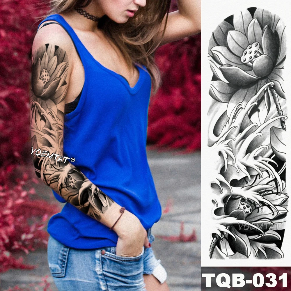 Naujas 1 Vnt Laikina Tatuiruotė Lipdukas Black Lotus Flower Stiliaus Tatuiruote Su Arm Kūno Meno Didelis Rankovės Didelės Netikrą Tatuiruotę Lipdukas Nuotrauka 1 