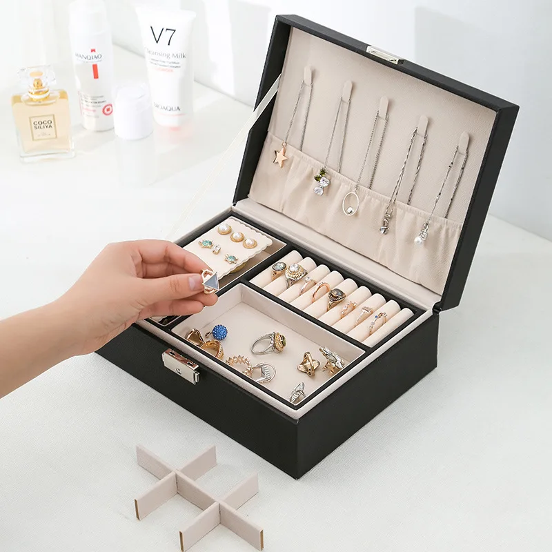 PU odos papuošalų dėžutė dvigubo sluoksnio mediniai juvelyrikos dėžutės Princesė papuošalų laikymo dėžutė kosmetikos dėžutę Nuotrauka 2 