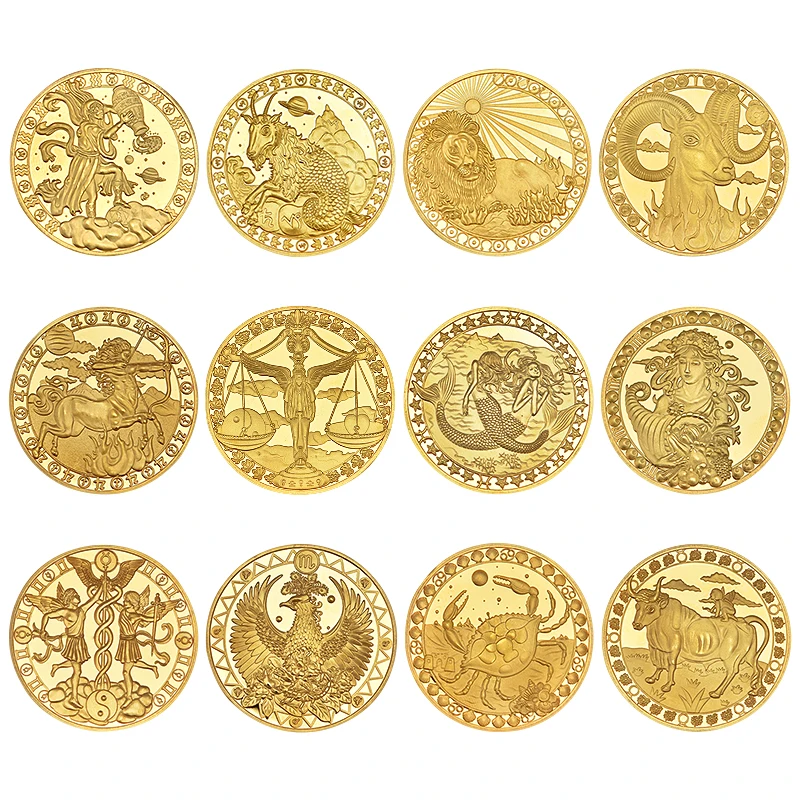 Karšto Pardavimo Dvylika Zodiako Žvaigždynų Auksą, Padengtą Kolekcines Monetos Originalus Monetų Rinkinį Turėtojas Iššūkis Monetos Dovana Nuotrauka 4 