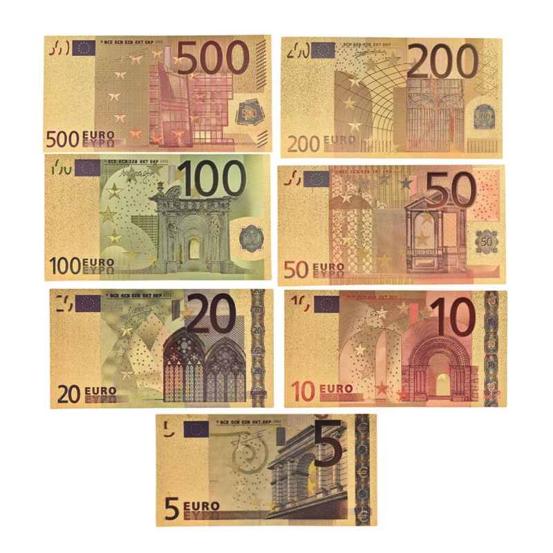7pcs/daug 5 10 20 50 100 200 500 EUR Aukso Banknotų 24K Aukso Netikrą Atminimo Popierinių Pinigų Kolekcija Eurų Banknotų Rinkiniai Nuotrauka 5 